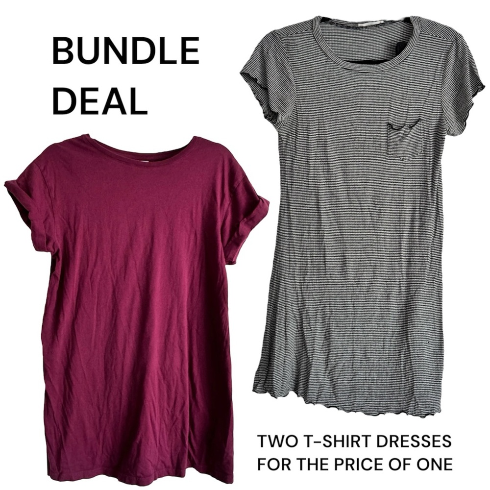 H&M & RIPE T-Shirt Mini Dress Bundle Burgundy and Black/White Stripes - Size SM